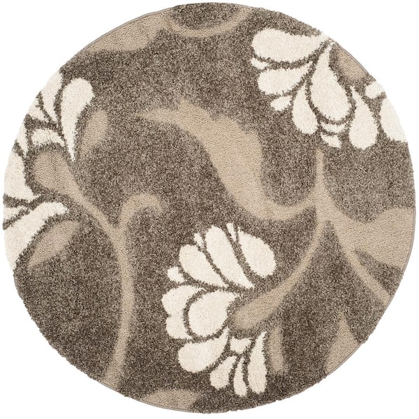 SAFAVIEH Florida Shag Smoke/Beige 4 ft. x 4 ft. Round Floral Solid Area Rug