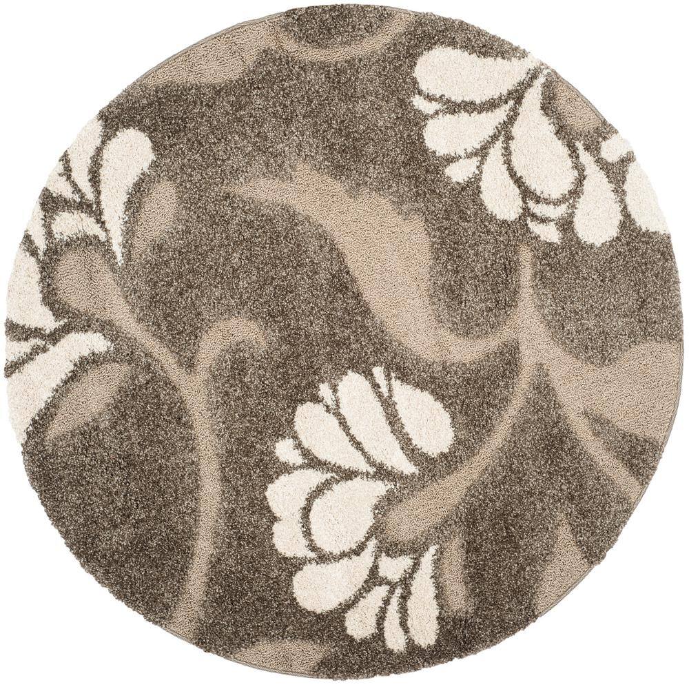 Sculpted Smoke and Beige Floral Shag Round Rug, Hand-Knotted