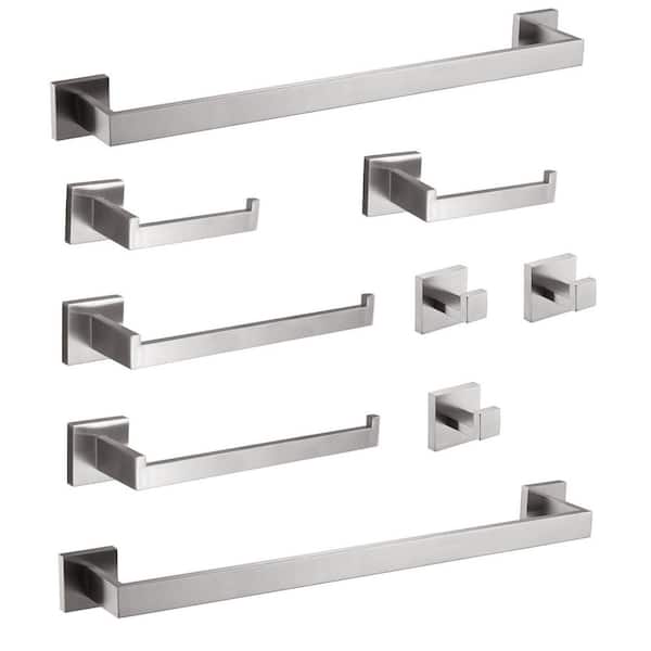 9-Piece Stainless Steel Bathroom Hardware Set with Mounting Hardware in Brushed Nickel