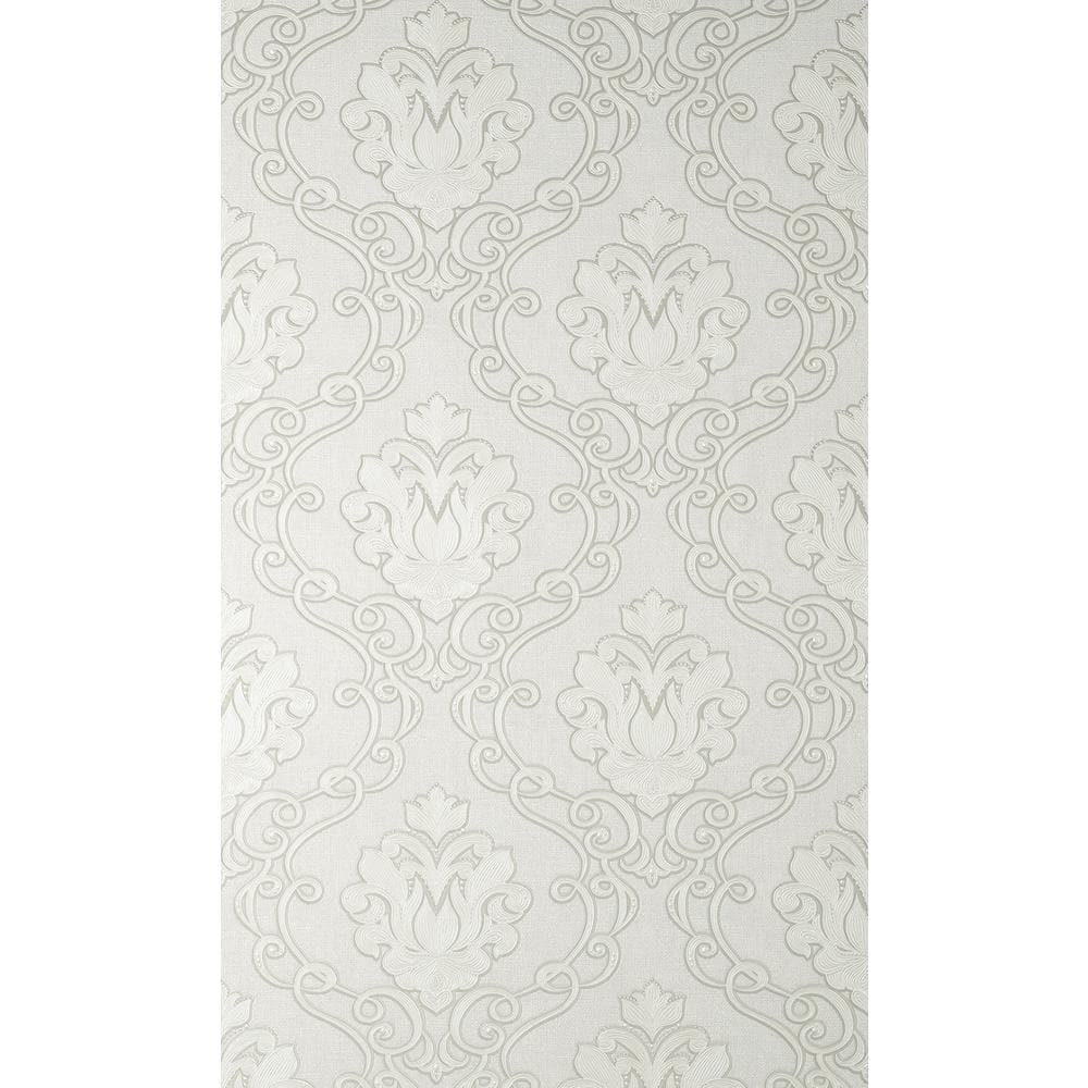 Florentine White and Pale Grey Damask Vinyl Wallpaper