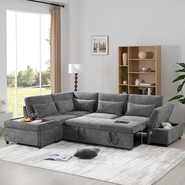 107 in. Chenille Modular Pull-Out Sectional Sofa in. Grey with Wide Seats, Free Movement Storage Ottoman