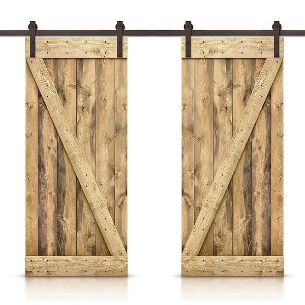 CALHOME Z Bar 76 in. x 84 in. Pre-Assembled Weather Oak Stained Wood Interior Double Sliding Barn Door with Hardware Kit