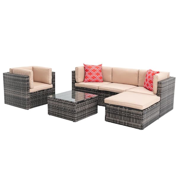 Mondawe 6-Piece Wicker Outdoor Conversation Sectional Set Rattan Chair and Table Sofa Set with Orange Cushions