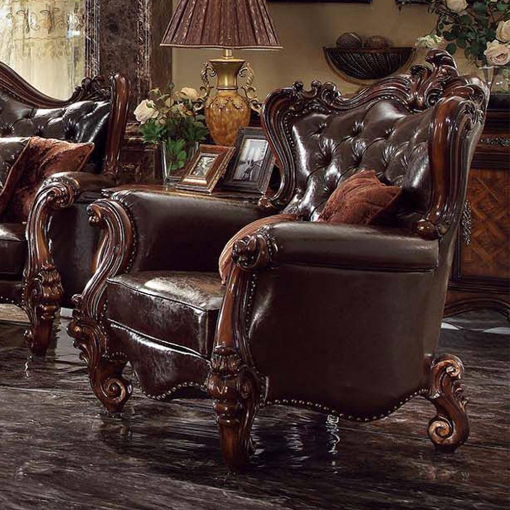 Versailles Dark Brown Faux Leather and Cherry Oak Chair with Pillows