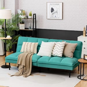 71 in. Futon Aquamarine Modern Convertible Twin Sofa Bed Linen Fabric Folding Couch Recliner