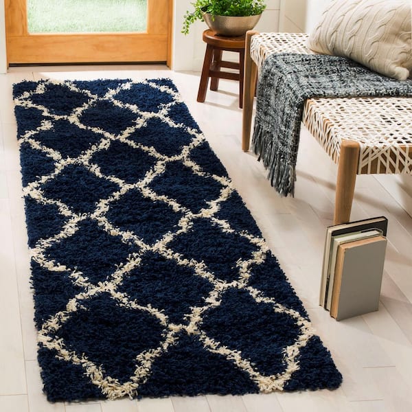 Dallas Shag 2 ft. x 10 ft. Navy/Ivory Geometric Diamond Trellis Runner Rug