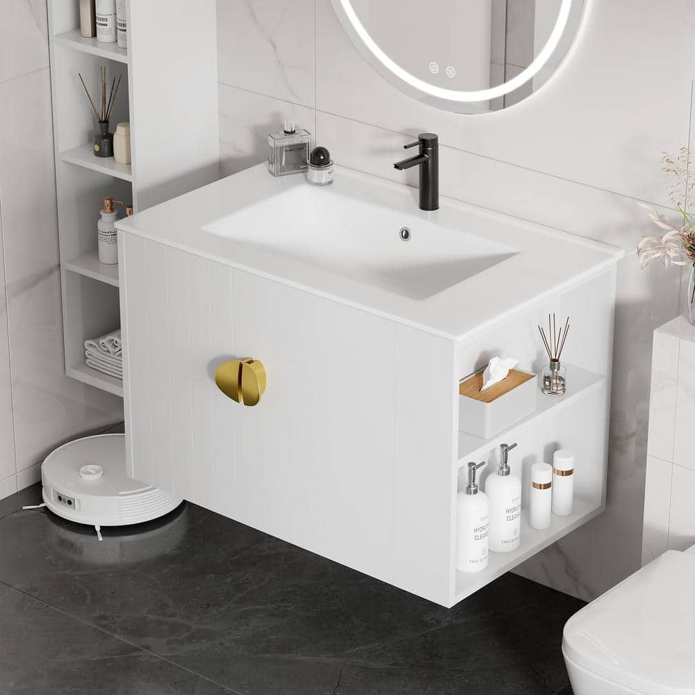 30 in. W x 18 in. D x 19 in. H Floating Bath Vanity in White with White Cer