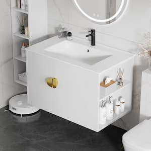 30 in. W x 18 in. D x 19 in. H Floating Bath Vanity in White with White Ceramic Top Basin, Right Open Shelf