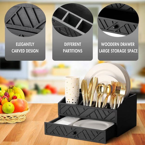 Black Wooden Countertop Paper Plate Holder with Drawer, 6