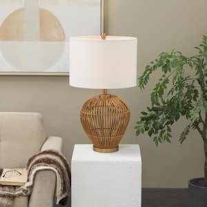 28 in. Brown Rattan Woven Open Frame Handmade Task and Reading Table Lamp with Gold Accents