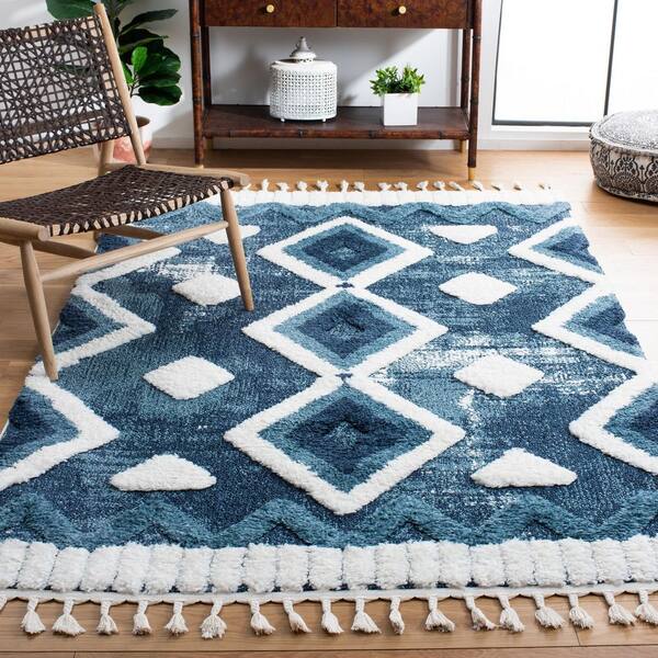 Moroccan Tassel Shag 3 ft. x 5 ft. Blue/Ivory High-Low Zig-Zag Diamond Area Rug