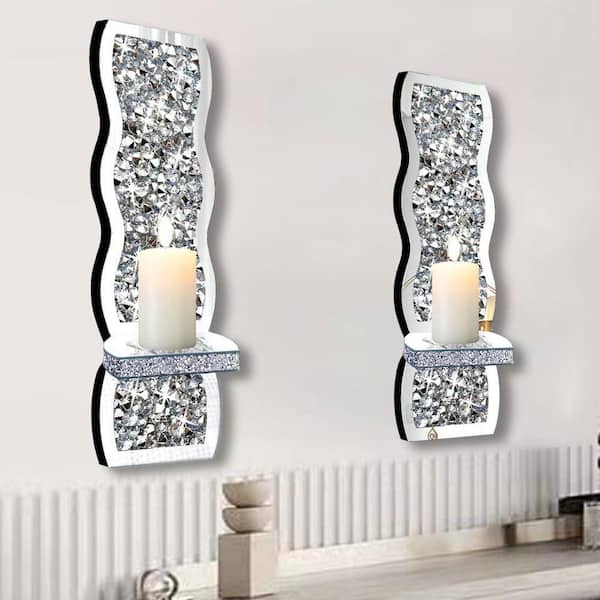Crystal Crush Diamond Candle Sconces, Silver Mirrored Wall Sconce, Wave Pattern Irregular Candle Holder Glass, Set of 2