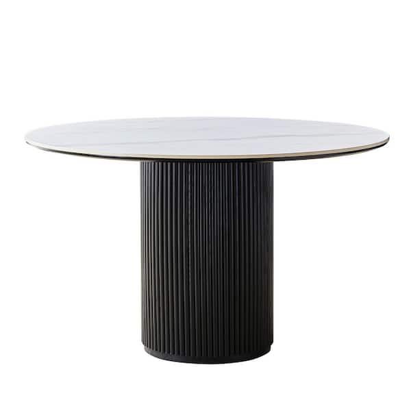 Monland Modern Round White Sintered Stone Tabletop 59.06 in. Carbon Black Wood Solid Pedestal Base Dining Table (6 Seats)