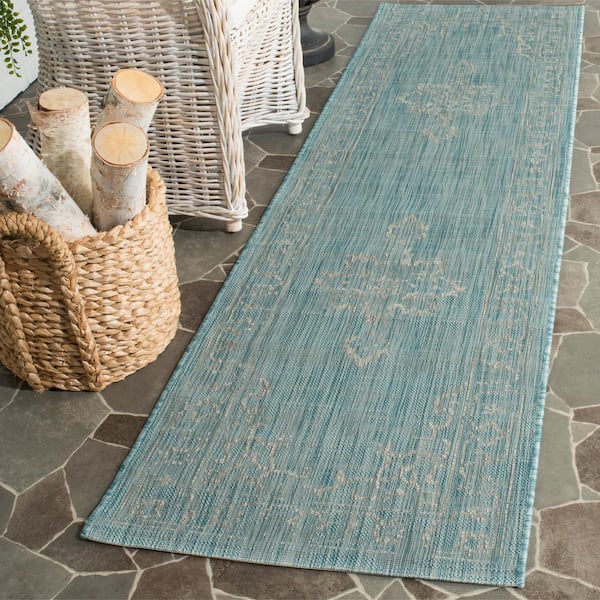Courtyard Aqua/Gray 2 ft. x 8 ft. Border Ornate Indoor/Outdoor Runner Rug