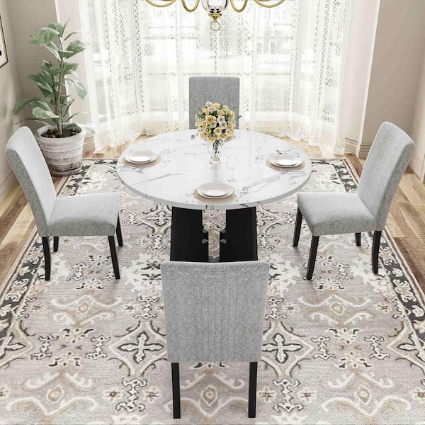 5-Piece Round White/gray Wood Top Dining Table Set Seats 4 with 4 Upholstered Chairs
