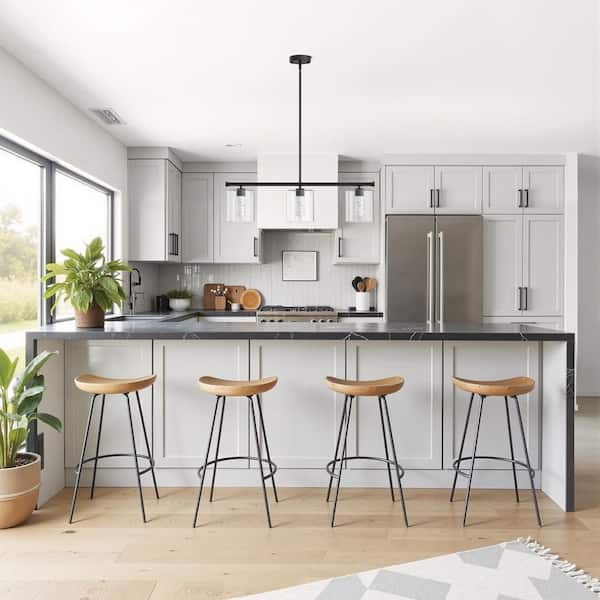 3-Light Matte Black Modern Kitchen Island Integrated LED Pendant Light fixtures,Linear Chandelier with Clear Glass Shade