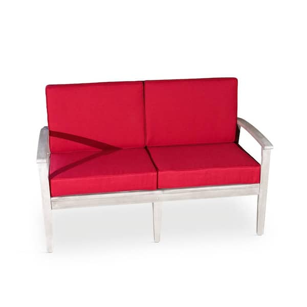 Unbranded Silver Gray Eucalyptus Wood Outdoor Loveseat with Burgundy Cushions