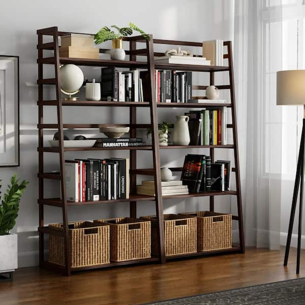 Acadian 63 in. Solid Wood 5-Shelf Ladder Bookcase in Brunette Brown (Set of 2)