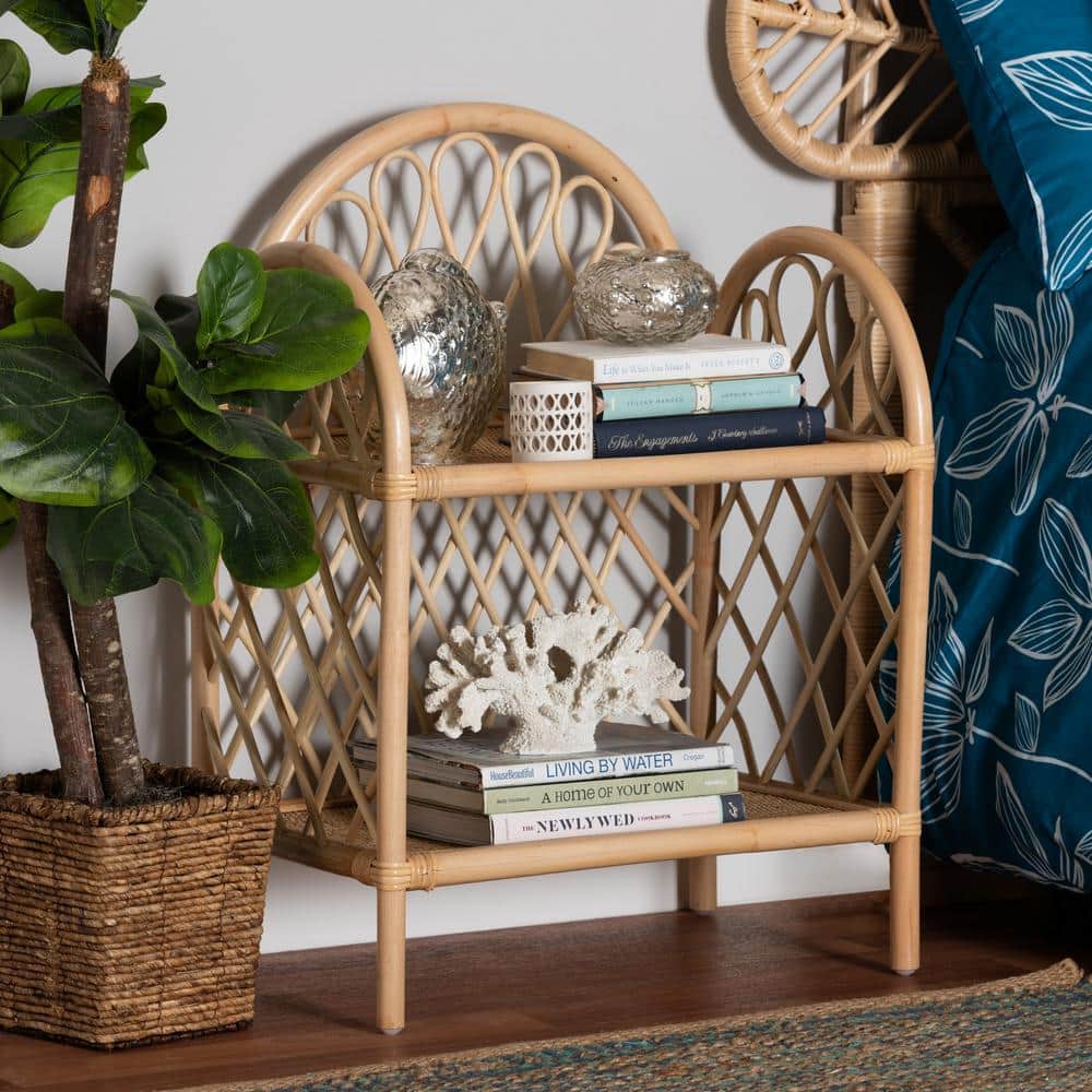 Bohemian Natural Brown Rattan 2-Tier Display Shelf