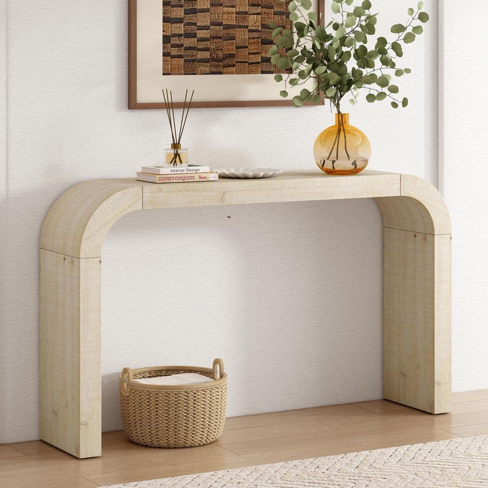 CHRISTOPHER KNIGHT HOME Jayden 52.25 in. Natural Distressed Rectangle MDF and Solid Wood Console Table with Curved Edge, Open Style 136917