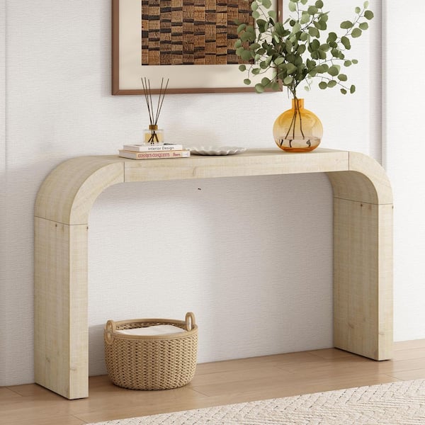 CHRISTOPHER KNIGHT HOME Jayden 52.25 in. Natural Distressed Rectangle MDF and Solid Wood Console Table with Curved Edge, Open Style