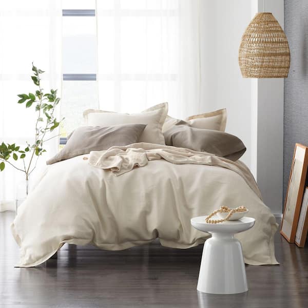 The Company Solid Washed White, White Linen Duvet Set Queen