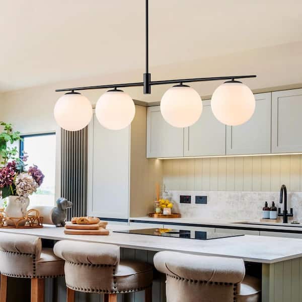 Lucie 45.28 in. 4-Light Modern Black Linear Kitchen Island Pendant with Opal Glass Shade