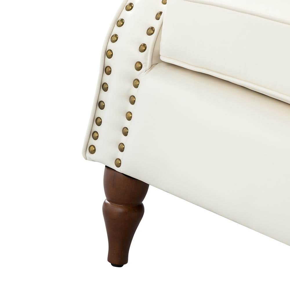 Ivory Faux Leather Accent Chair with Nailhead Trim and Wood Legs