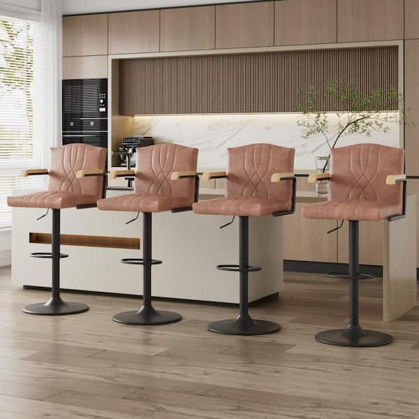 Swivel Bar Stools with Backs, Adjustable 35.4 in. Metal Kitchen Island Chairs with Wood Armrests, Dark Brown (Set of 4)