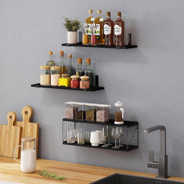 Floating Shelves Set of 2-for Coffee Bar, Bathroom Shelves with Towel Bar,  Wall Shelves with 8 Hooks for Kitchen