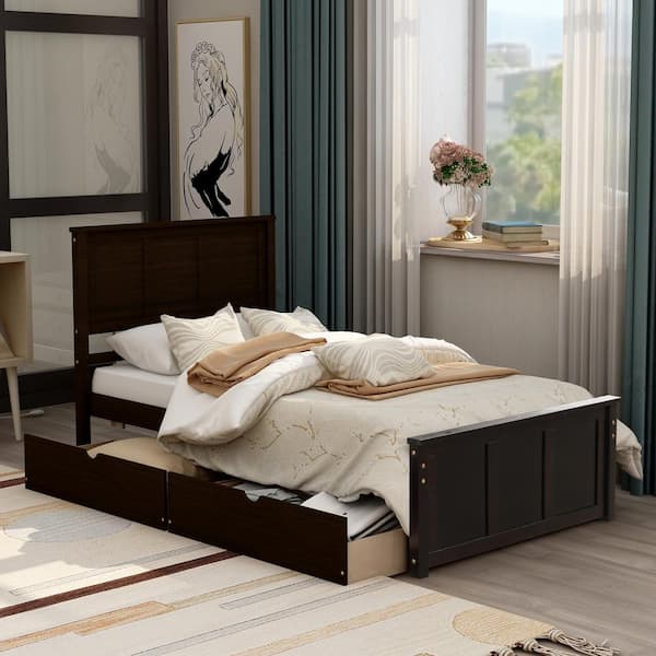 Polibi Dark Brown Wood Frame Twin Size Platform Bed, 2-Drawers with Wheels