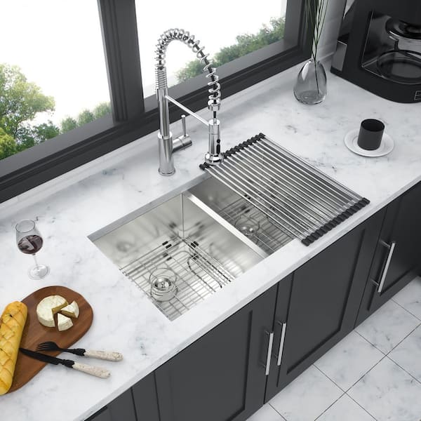 32 in. x 18 in. Undermount Double Bowl 16 Gauge Brushed Nickel Stainless Steel Kitchen Sink with Bottom Grids