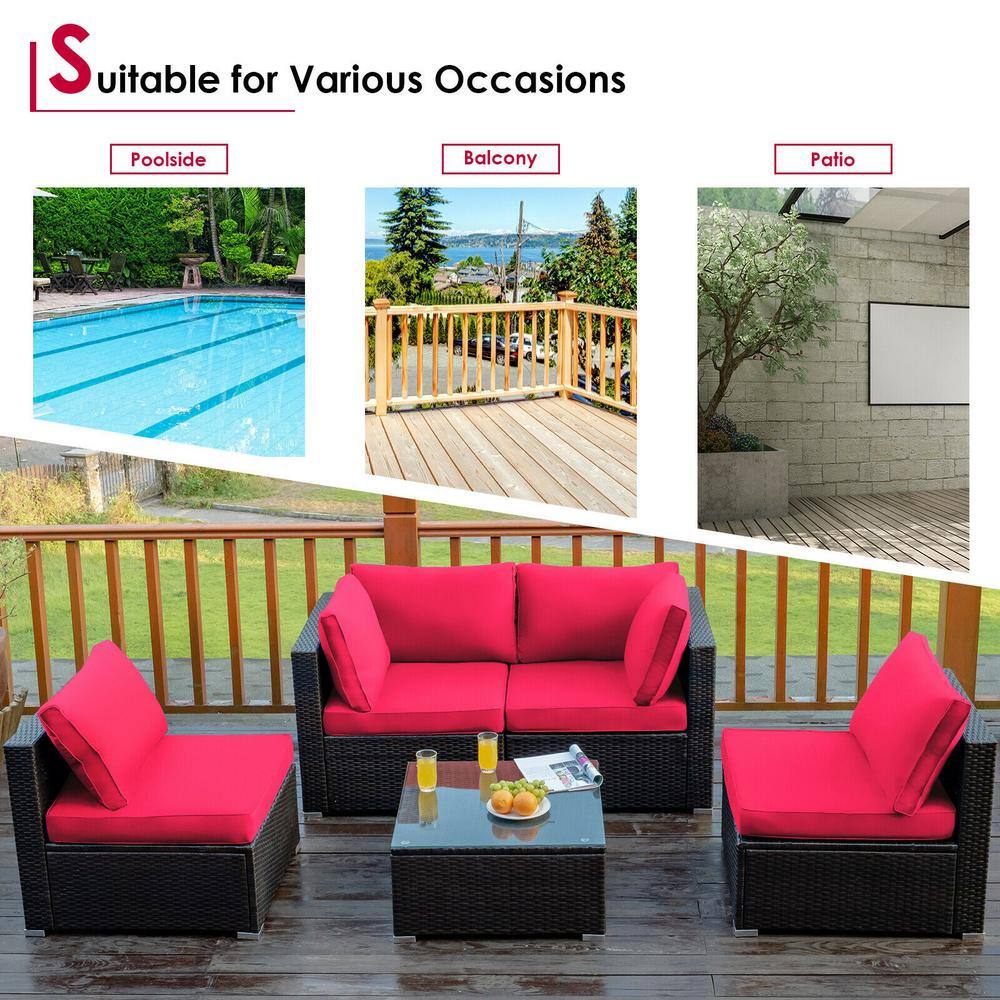 5-Piece Red Cushioned Rattan Patio Furniture Set with Ottoman