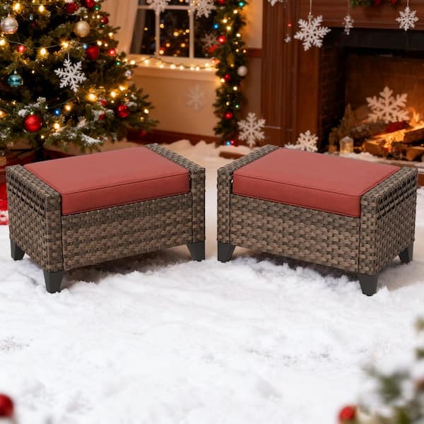 2-Piece Brown Wicker Outdoor Ottoman Patio Rattan Footstool with Removable Red Cushions