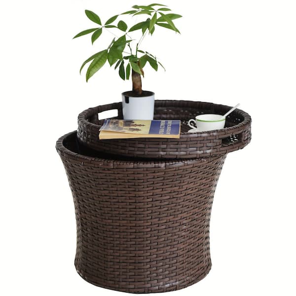 Round Faux Rattan Outdoor Patio Accent Table with Storage, Multibrown