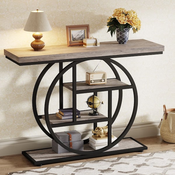 Turrella 41.3 in. Gray Rectangle Wood Console Table, Industrial 4-Tier Sofa Table Entryway Table with Circle Base