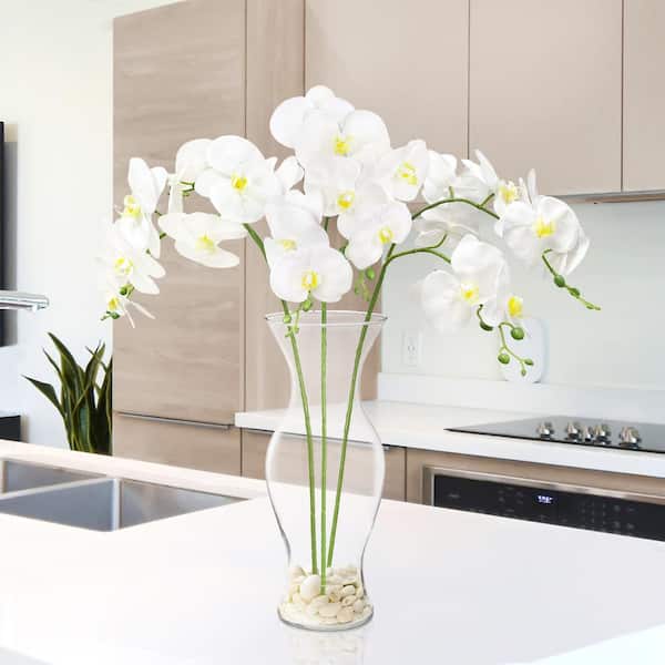 34 in. Natural Touch White Artificial Phalaenopsis Orchid Flower Stem Spray (Set of 3)