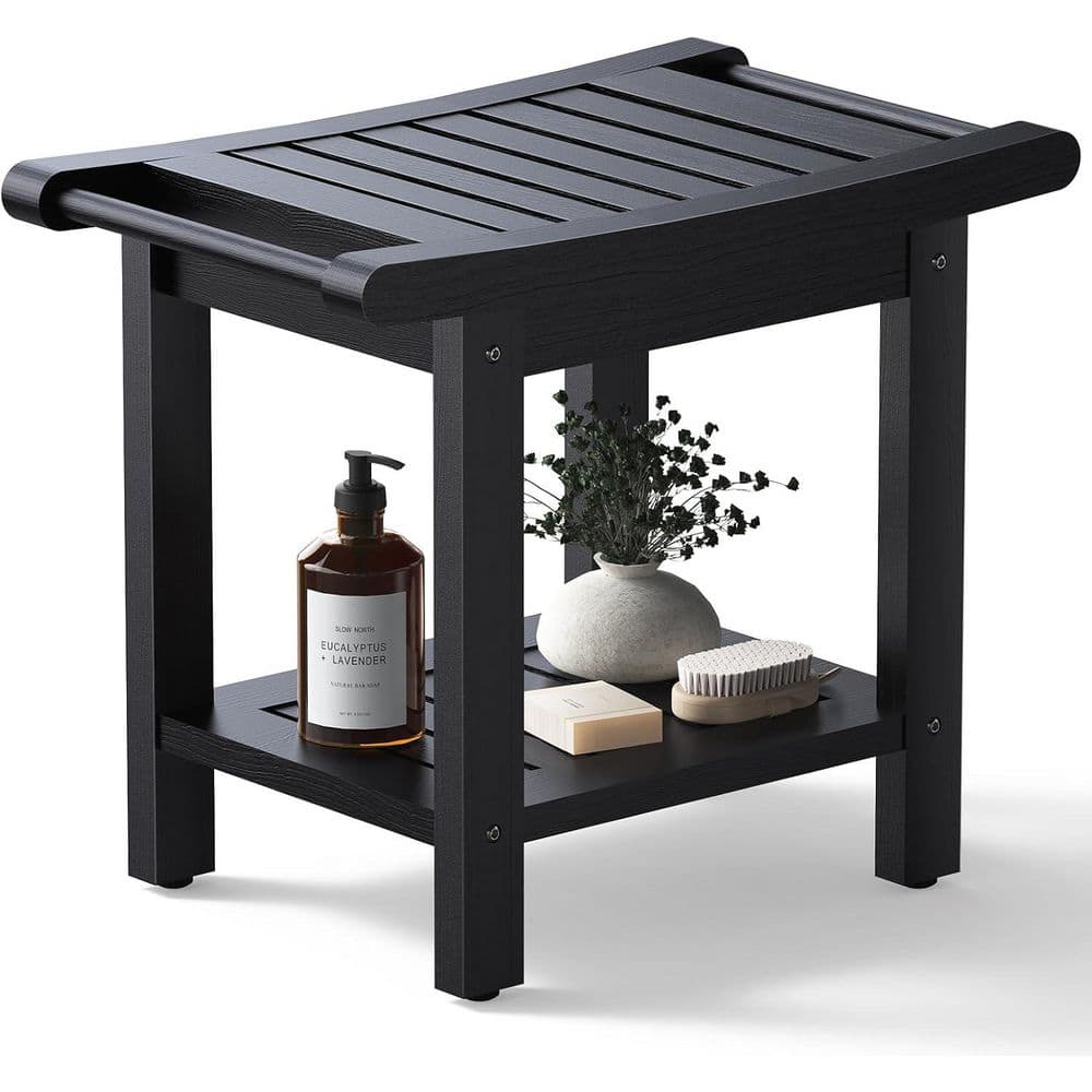 Black Polystyrene 18 in. Shower Bench Seat Makeup Vanity Stool with Handles & Storage Shelf price history on PriceWatchPro