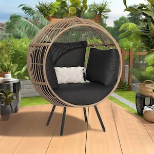 Yellow Wicker Patio Outdoor Indoor Basket Egg Chair with Black Cushion for Patio, Balcony, Bedroom