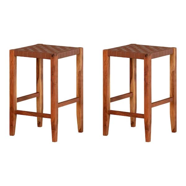South Shore Balka 26 in. Brown Wood and Leather 19 in. Seat Bar Stool set of 2 Included