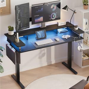 58 in. Rectangular Black Carbon Fiber Wood Sit to Stand Desk with Monitor Stand and Cup Holder