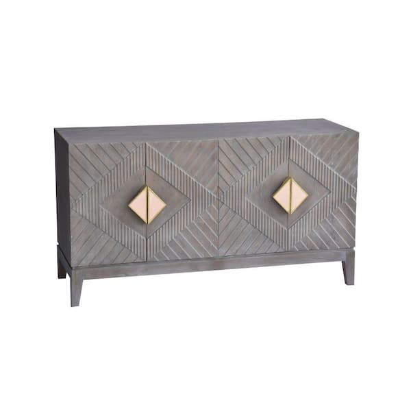 THE URBAN PORT Abiel 55 in. Gray Mango Wood Top Sideboard Buffet Cabinet Console with 4-Doors and Ornate Diamond Carving