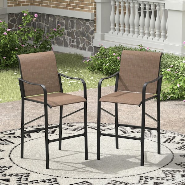 Brown Outdoor Bar Stool, Patio Bar Height Textilene Chairs with Armrest (4-Pack)