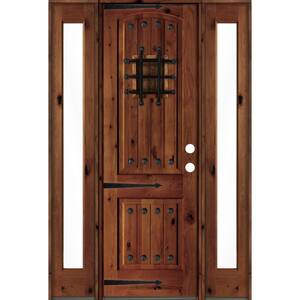 58 in. x 96 in. Mediterranean Knotty Alder Left-Hand/Inswing Clear Glass Red Chestnut Stain Wood Prehung Front Door