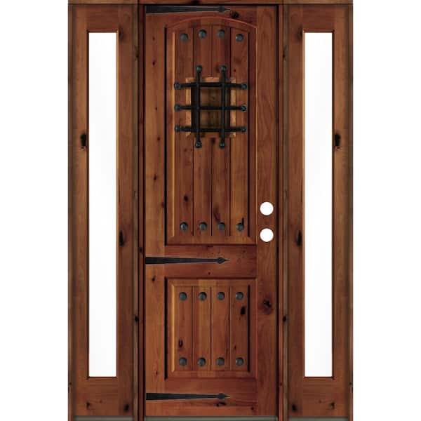 Krosswood Doors 58 in. x 96 in. Mediterranean Knotty Alder Left-Hand/Inswing Clear Glass Red Chestnut Stain Wood Prehung Front Door