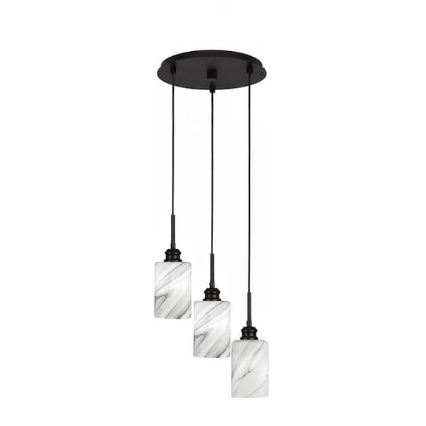 Unbranded Albany 60-Watt 12 in. 3-Light Espresso Cord Pendant Light Onyx Swirl Glass Shade