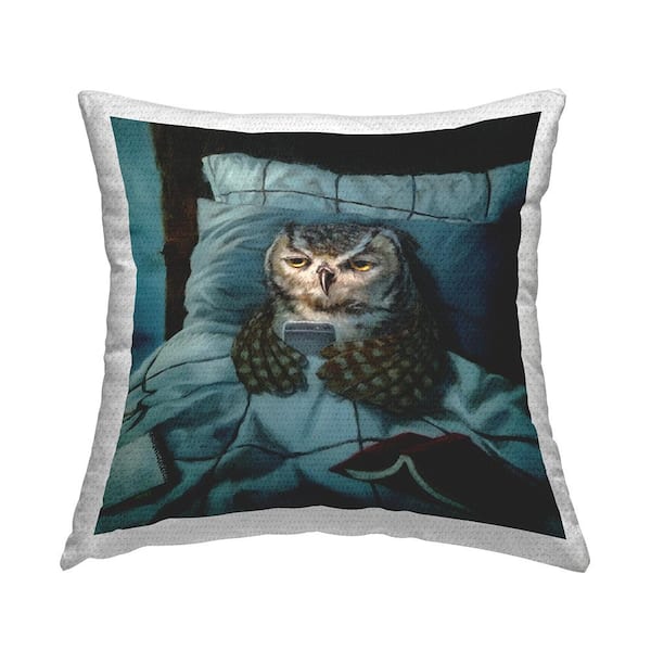 Stupell Industries Night Owl on Phone in Bed Funny Animal Blue Square Outdoor Throw Pillow