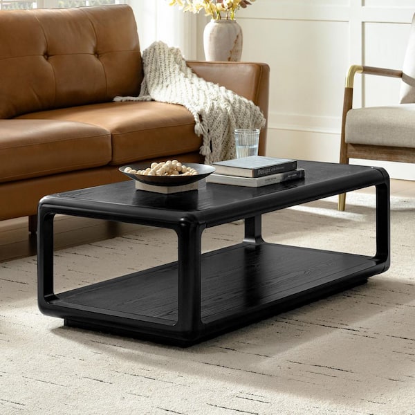 Leon 47 in. Black Rectangle Wood Coffee Table with Open Base