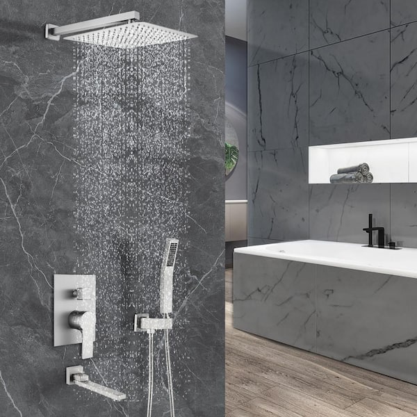 Single-Handle 1-Spray Tub and Shower Faucet 2.5 GPM with 12 in. Shower Head in Brushed Nickel (Valve Included)