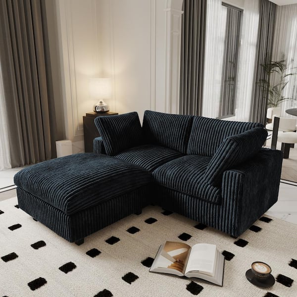 78.7 in. Square Arm Faux Rabbit Fur Velvet 3-Piece Loveseat Cloud Modular Sectional Sofa with Washable Covers in Black